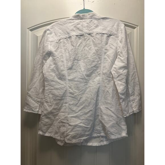 Guess Women’s 3/4 Sleeve Pinstripes V-Neck Button Front Top Blouse Size‎ L White - Picture 4 of 4